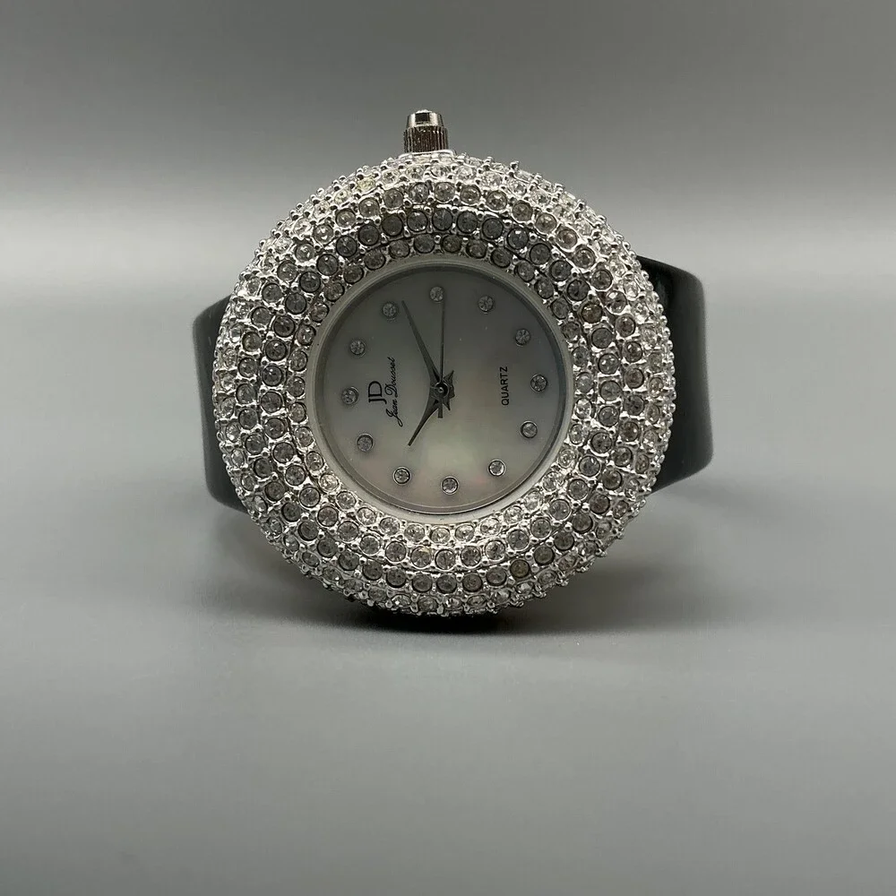 Jean Dousset Womens Watch 36mm White Dial Crystal Bezel Silver Tone New Battery